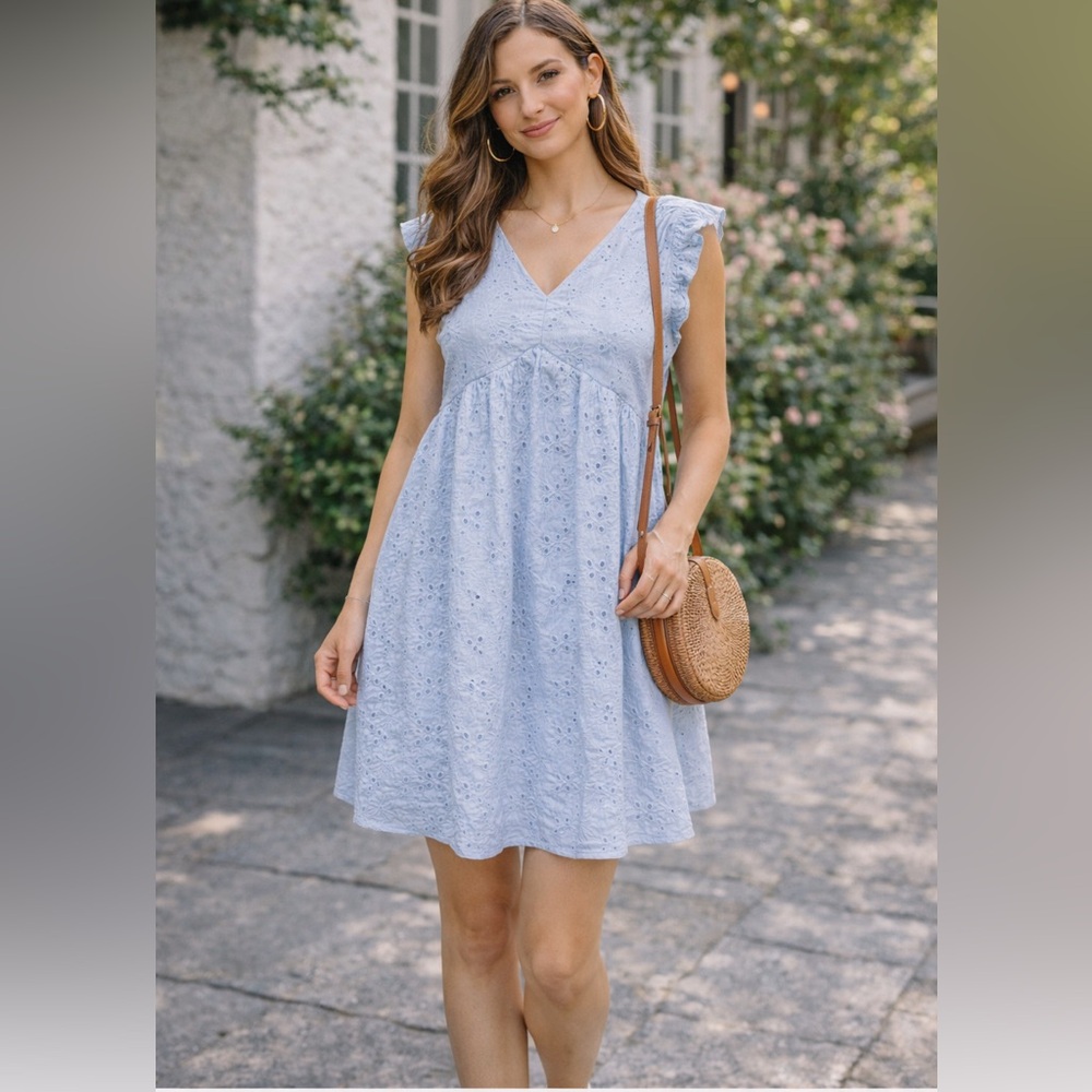 Light Blue Eyelet Dress Cotton V Neck Ruffle Sleeve Mini Cottagecore S